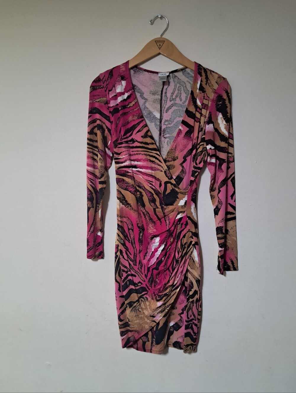 Cache Y2K Pink Animal Print Wrap Ruched Long Sleeve V-neck Dress Sz. M